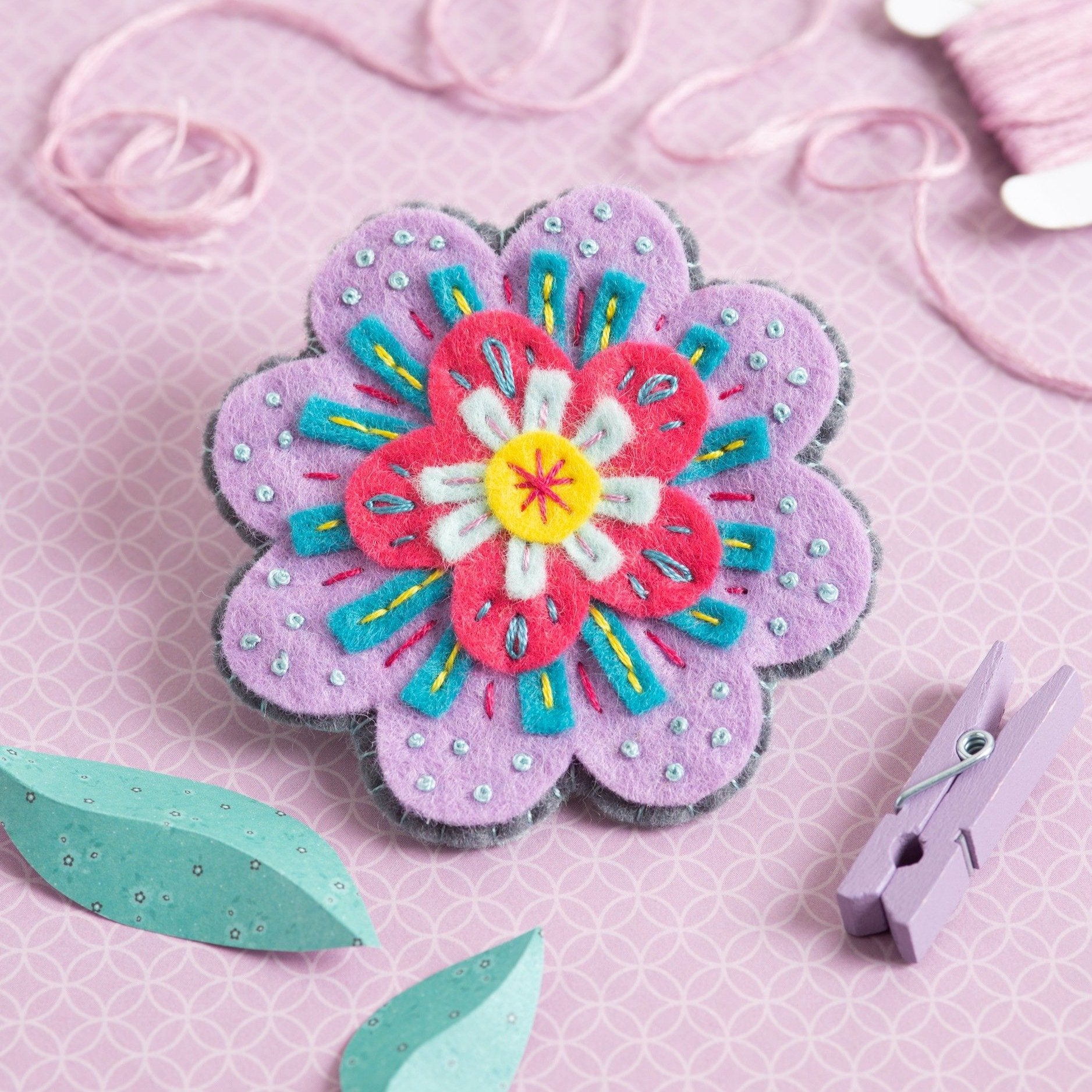 10cm Purple Handmade Sheet Flowers - Felt and Yarn